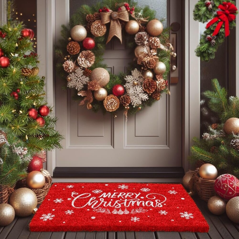 Premium Christmas Door Mat Outdoor - Elegant Coir Holiday Door Mat, Absorbent an
